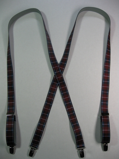 BURGANDY PLAID PATTERN 3/4"x 48"   Suspenders with 4 strong 1/2"x 1" Grips with nylon Teeth and 2 Length Adjusters in the front, all in high polish CHROME FINISH.  Entirely Stretchable Hand Washable and Hang to Dry Cotton/Polyester Material.                  UD760N48PBUR
